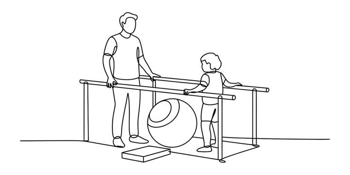 Physical therapist helping a young child walk with parallel bars and exercise ball in a clinic for rehabilitation therapy session Vector, illustration