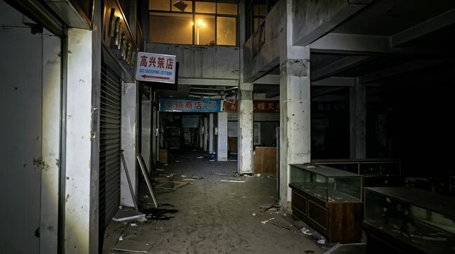 Abandoned shopping mall at night with flashlight beam, eerie derelict urban building interior, dark creepy hallway in ruined commercial center with debris