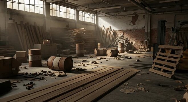 Abandoned industrial warehouse interior with cinematic sunlight, derelict factory workshop with rusty barrels and wooden debris, atmospheric empty storage space