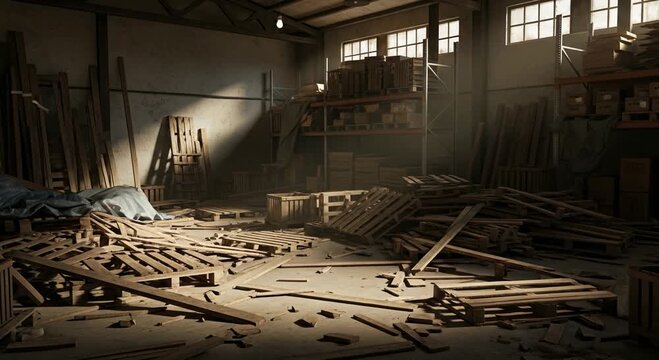 Industrial warehouse interior with broken wooden pallets, cinematic dusty storage room with sunbeams, abandoned workshop with scattered timber and debris