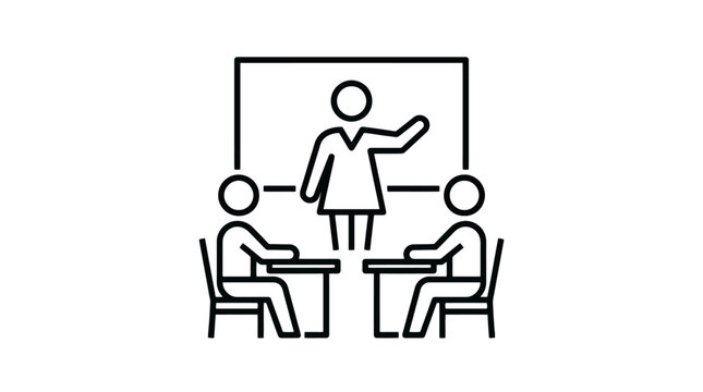 Person working at a desk with a computer monitor icon in black line style