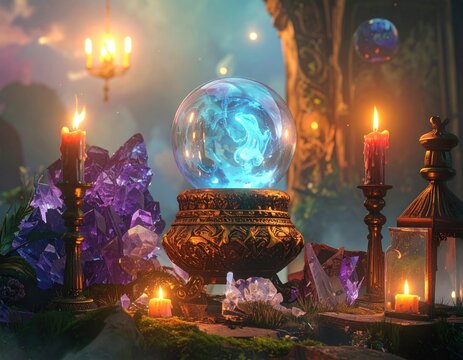 Mystic crystal ball with candles and crystals.