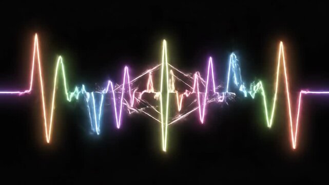 Vibrant Neon Audio Waveform Pulsating on a Dark Background, Dynamic Equalizer Displaying Sound Frequencies.