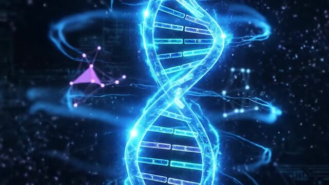 Glowing digital dna helix against cosmic circuit background, blue neon