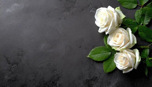 Three delicate white roses with green leaves on a dark surface