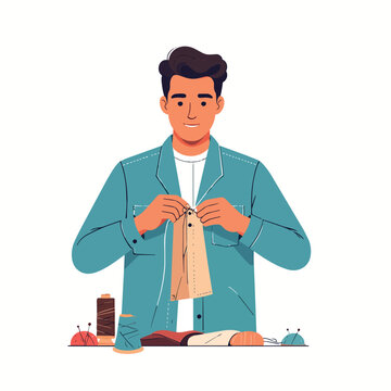 Minimalist Naive Illustration of Mending Clothes