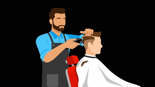A smooth 2D animated character loop featuring a professional male hairdresser cutting a client's hair with an electric trimmer machine against a pitch-black backdrop. Great for dark-themed website gra