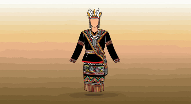 Traditional Iban Warrior Costume Illustration with Intricate Patterns and Headdress