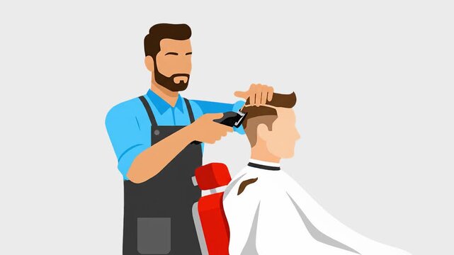 A clean 2D vector animation of a male barber with a beard wearing an apron, using an electric hair clipper trimmer to give a male client a haircut against a light grey background. Excellent for hair s