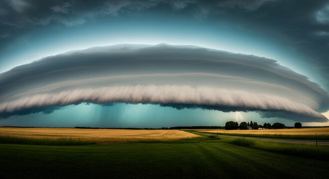 Massive shelf cloud from a supercell thunderstorm looming over a farm, a dynamic display of elemental synergy.