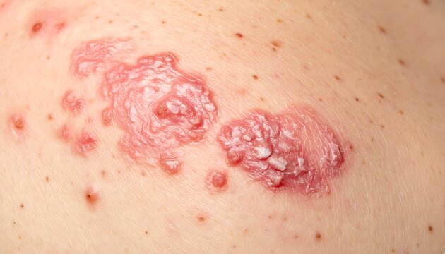 A close-up view of a skin condition with red, raised lesions