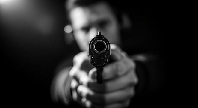 Man pointing gun in dark background