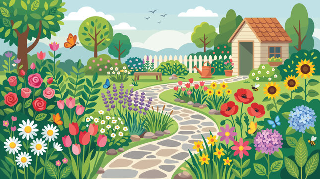 Charming Country Garden Landscape with Vegetable Patch