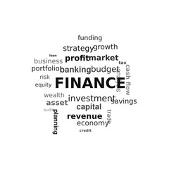 Fototapeta premium Finance word cloud illustration representing essential business and economic terms for financial strategy concept on a clean white background