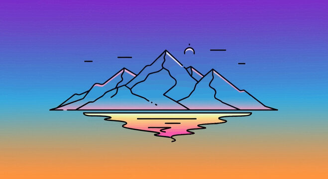 Retro Mountain Reflection Sunset Landscape, Synthwave Aesthetic, Vibrant Colors