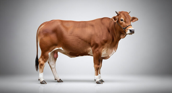 brown cow standing alone on gray background