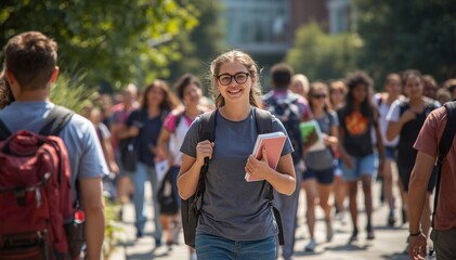 Fototapeta premium A smiling student walks on campus holding books, surrounded by other students in a bright outdoor university setting.