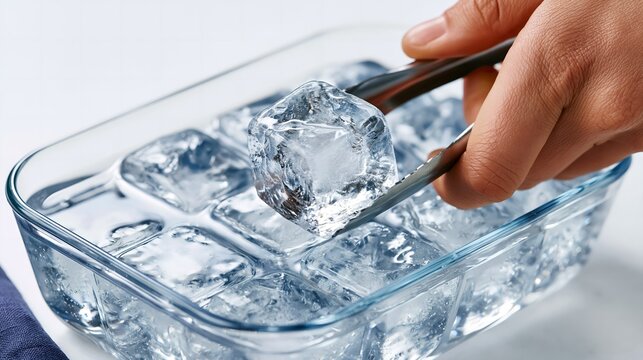 Hand holds ice cube with tongs over glass container.