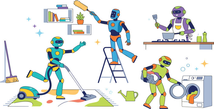 Friendly domestic robots set performing household chores like cooking cleaning laundry and dusting home
