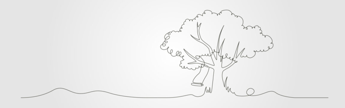 continues line art tree with a swing hanging from a branch.