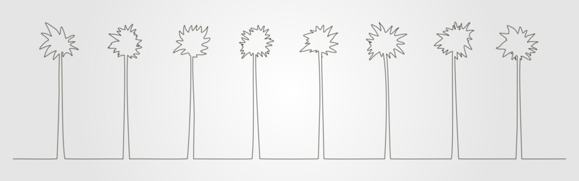 A continuous line drawing depicting a row of palm trees in a row. suitable for tropical themed designs, nature illustrations, vacation promotions, and beach related projects.