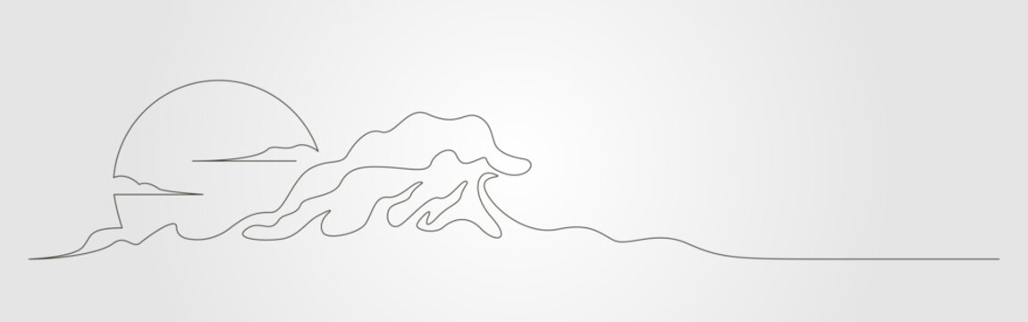 Ocean sunset and wave a single line drawing vector background design