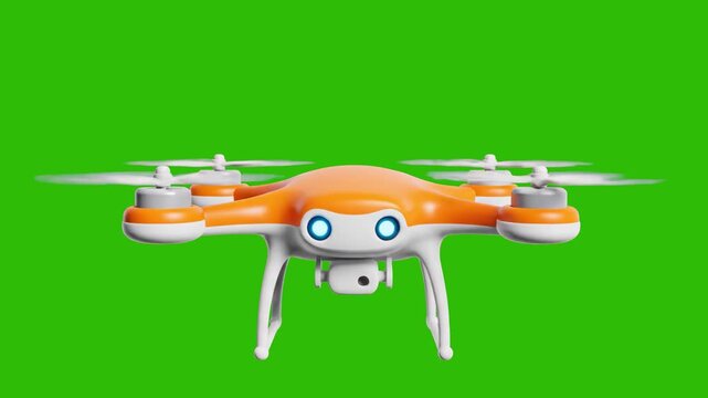 A professional 3D animation of a modern orange and white quadcopter drone. The asset features realistic hovering and flight movements, isolated on a chroma key green screen for easy compositing in VFX