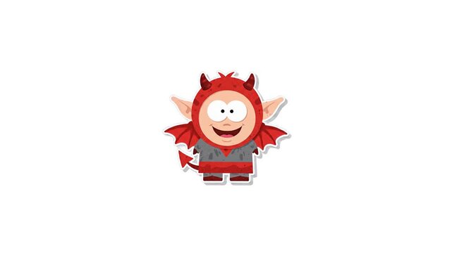 A friendly and cheerful 2D vector style character illustration of a smiling young boy dressed up in a red devil Halloween costume complete with small horns, pointed bat wings, and a tail. Isolated on 