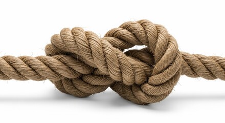 Fototapeta premium A sturdy figure eight knot tied in a thick natural fiber rope isolated on white background.