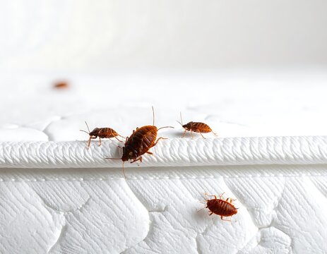 A close-up view of several brown insects on a white mattress