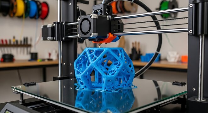 3D printer creating blue plastic object.
