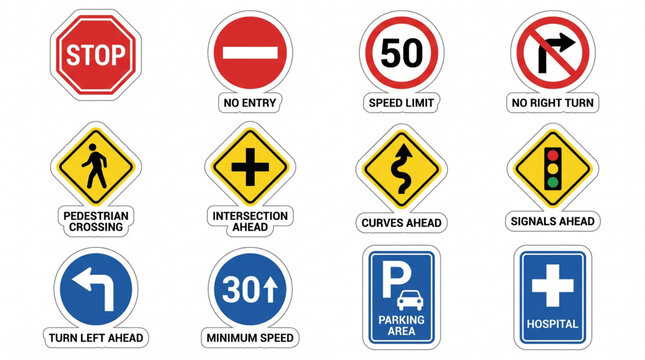 A comprehensive vector collection of universal road safety and traffic signs, essential for driving compliance and navigation guidance