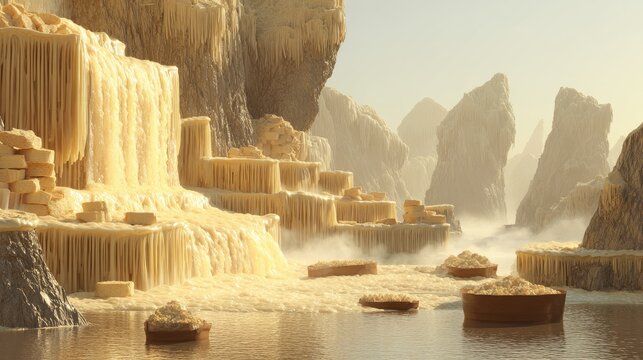 Ethereal, flowing golden structures cascade into a misty, serene landscape