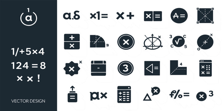 Mathematics Icons Set with Algebra and Geometry Symbols, Calculation Signs Collection for Education, School Learning, Scientific Concepts, Digital Interface Elements, and Infographic Design