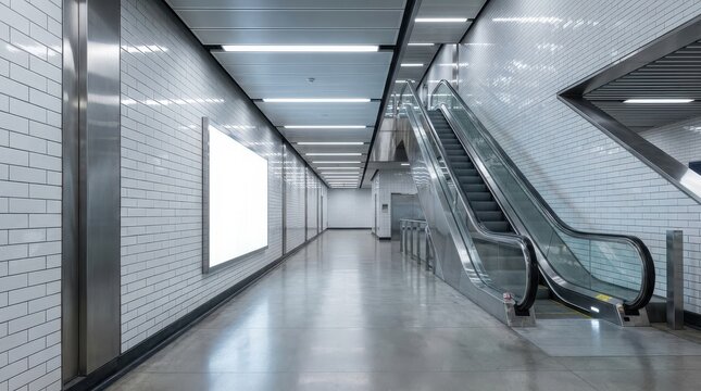 Modern subway corridor featuring an escalator and blank ad space