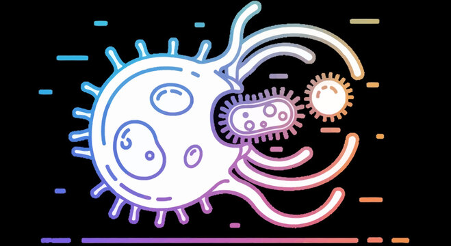 Abstract illustration of a large cell engulfing smaller microorganisms, science concept