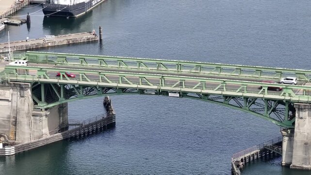 Aerial View of Ballard Bridge bascule span closed with traffic