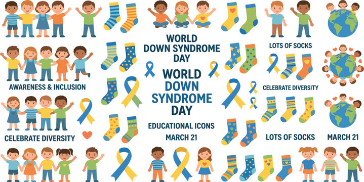 World down syndrome day icon set with diverse children awareness ribbons and mismatched socks