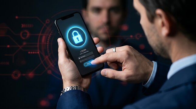 Two businessmen using a smartphone with a login screen and a glowing blue lock icon for secure authentication
