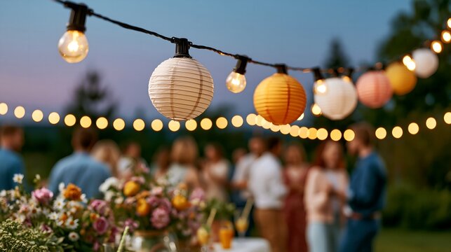 String lights hang above a garden party.
