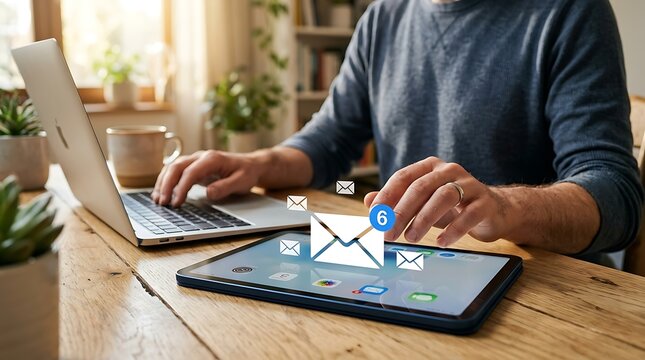 Man sitting at a wooden desk with laptop and tablet checking email notifications