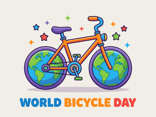 Fototapeta premium A vibrant illustration of a bicycle with globe wheels celebrates World Bicycle Day outdoors.