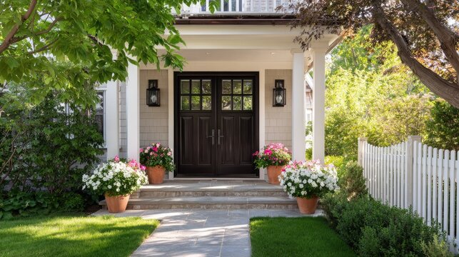 Grand entrance to a welcoming home with lush greenery and flowers