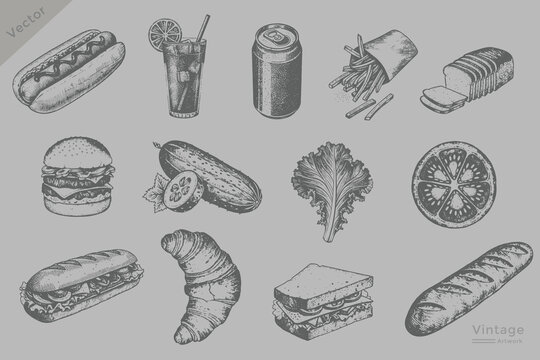 Sandwich, submarine sandwich, burger, hot dog, sliced bread, baguette, croissant, tomato slice, lettuce, french fries, soft drink, juice box in Vintage engraving style vector illustration