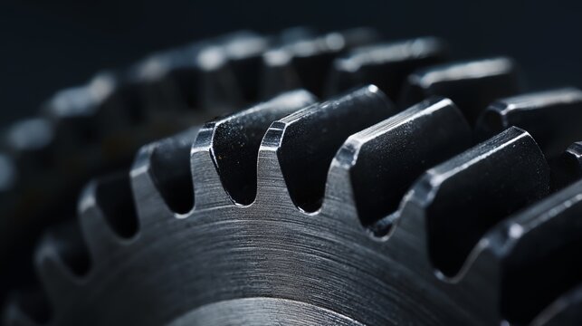 Close-up of metallic gear teeth against dark background.