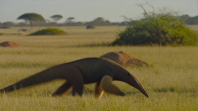 Two aardvarks walk across golden savanna at dusk.