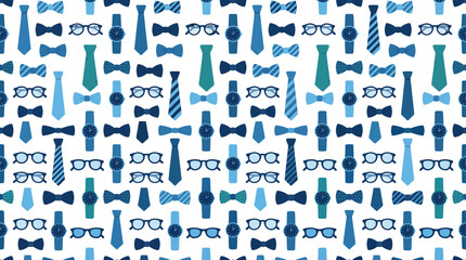 Obraz premium Repeating blue fashion accessory pattern featuring ties, bowties, sunglasses, and mustaches.