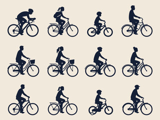 Obraz premium Cyclists ride bicycles in various poses on a road with silhouettes
