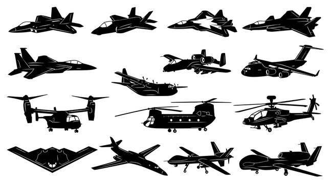 Military Aviation Aircraft Silhouettes Set - Fighter Jets, Bombers, Helicopters, Drones Glyph Icons Collection