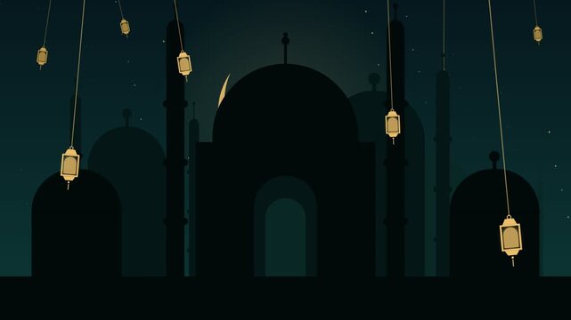 Silent mosque towers glow under crescent moon